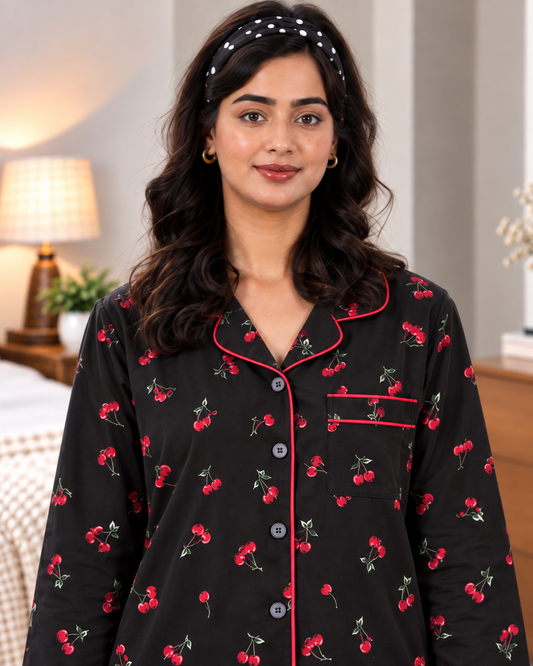 Black Cherry Print Pajama Set for Women