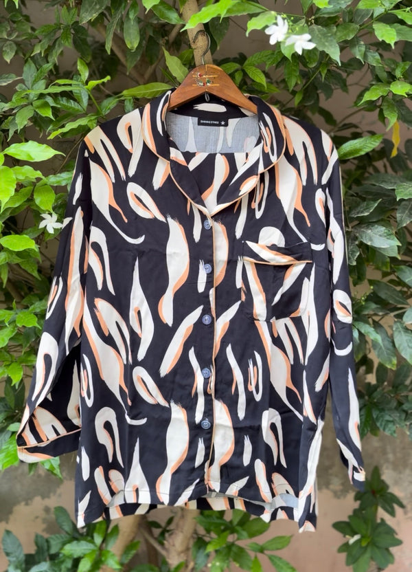 Black Zebra Pajama Shirt – Abstract Animal Print & Contrast Piping