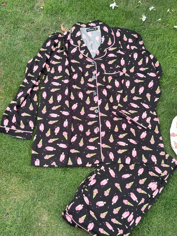 Black Popsicle Pajama Set – Ice Cream Print & Contrast Piping