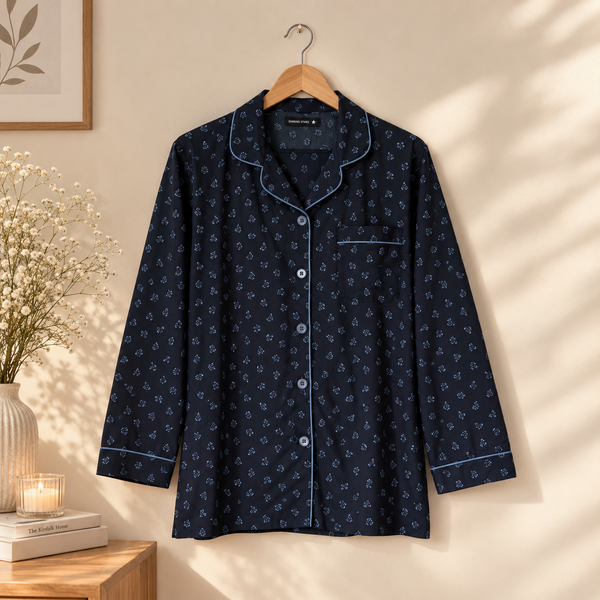 Blue Mini Floral Pajama Shirt – Ditsy Floral Print & Contrast Piping