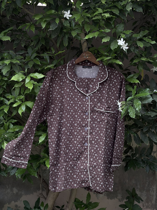 Brown Floral Pajama Shirt – White Ditsy Floral & Contrast Piping