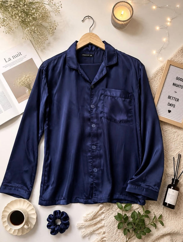 Navy Blue Silk Pajama Set – Long Sleeve & Button Front
