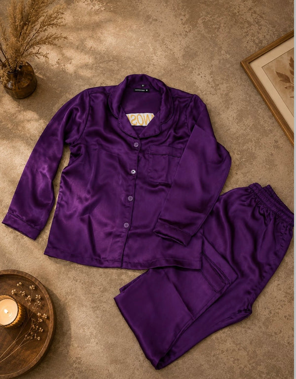 Purple Solid Silk Pajama Set – Rich Color & Relaxed Fit