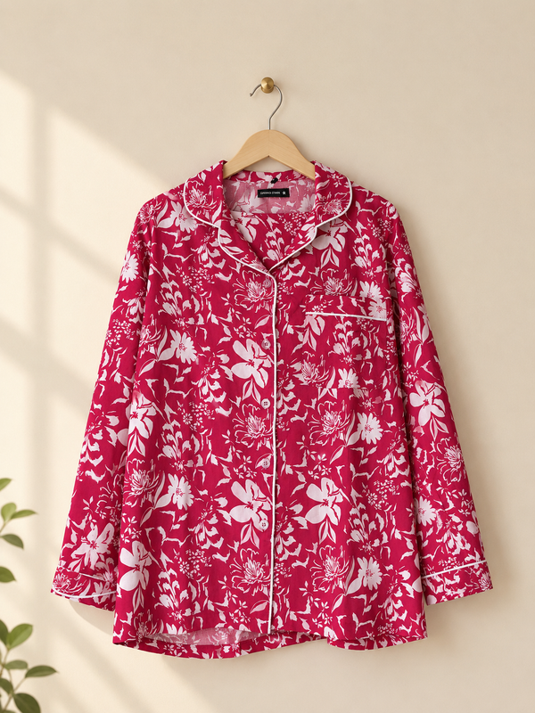 Red Floral Pajama Shirt – White Botanical Print & Contrast Piping