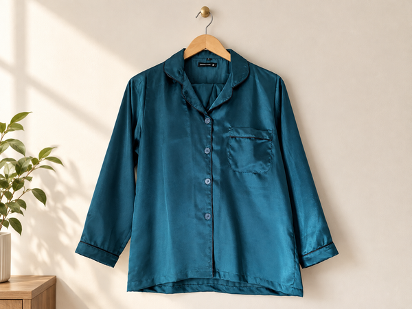 Sea Green Solid Silk Pajama Set – Contrast Piping & Button Front