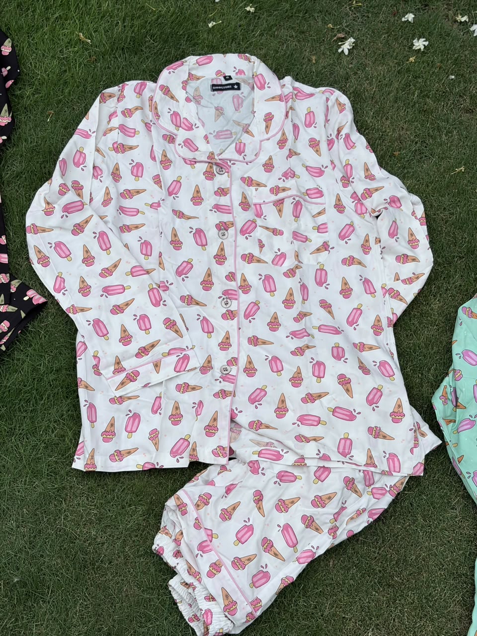 White Popsicle Pajama Set – Ice Cream Print & Contrast Piping