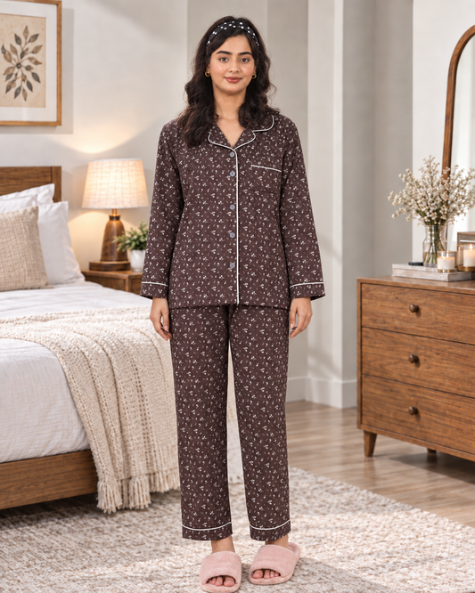 Brown Floral Pajama Shirt – White Ditsy Floral & Contrast Piping