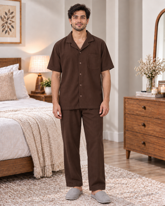 Men's Solid Pajama Shirt – Short Sleeve & Notch Collar