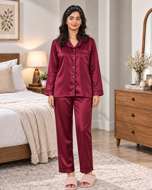 Maroon Solid Silk Pajama Set – Contrast Piping & Button Front