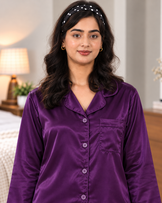 Purple Solid Silk Pajama Set – Rich Color & Relaxed Fit