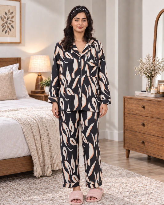 Black Zebra Pajama Shirt – Abstract Animal Print & Contrast Piping