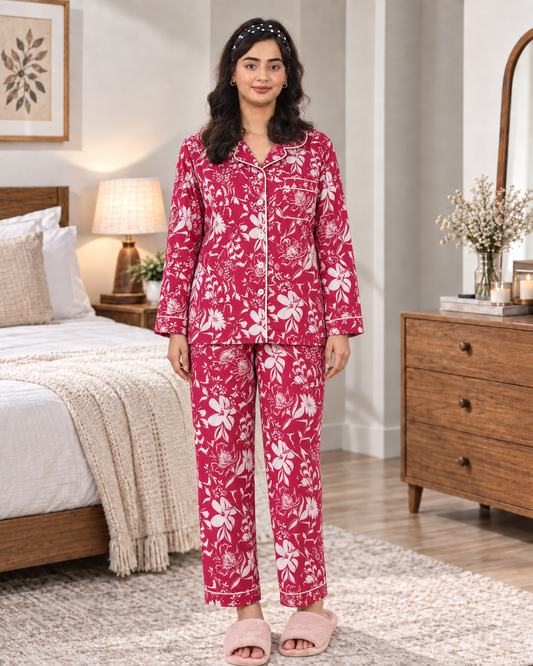 Red Floral Pajama Shirt – White Botanical Print & Contrast Piping