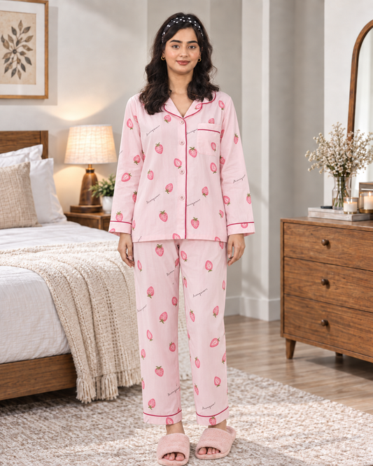 Pink Strawberry Pajama Shirt – Strawberry Print & Contrast Piping