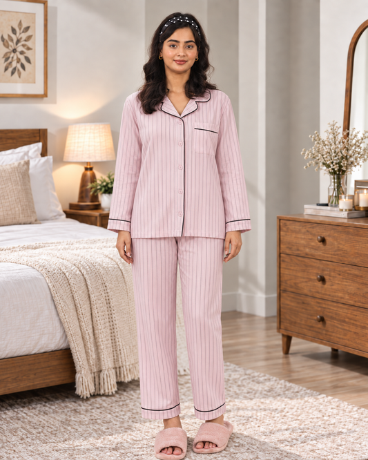 Pink Lines Pajama Set – Striped Print & Long Sleeve