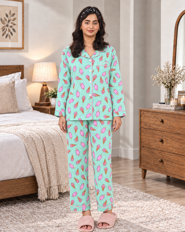 Green Popsicle Pajama Set – Ice Cream Print & Contrast Piping