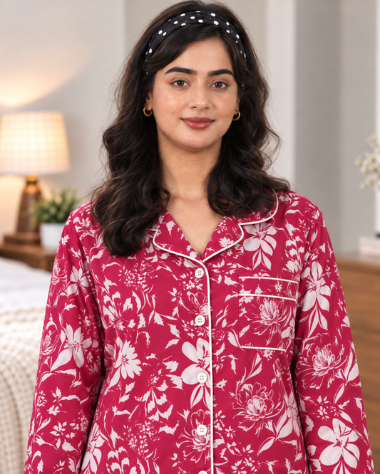 Red Floral Pajama Shirt – White Botanical Print & Contrast Piping