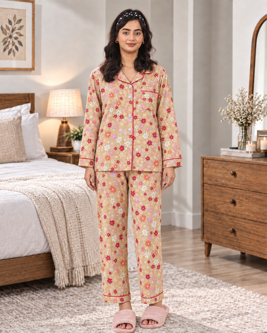 Yellow Floral Pajama Shirt – Retro Bloom Print & Contrast Piping