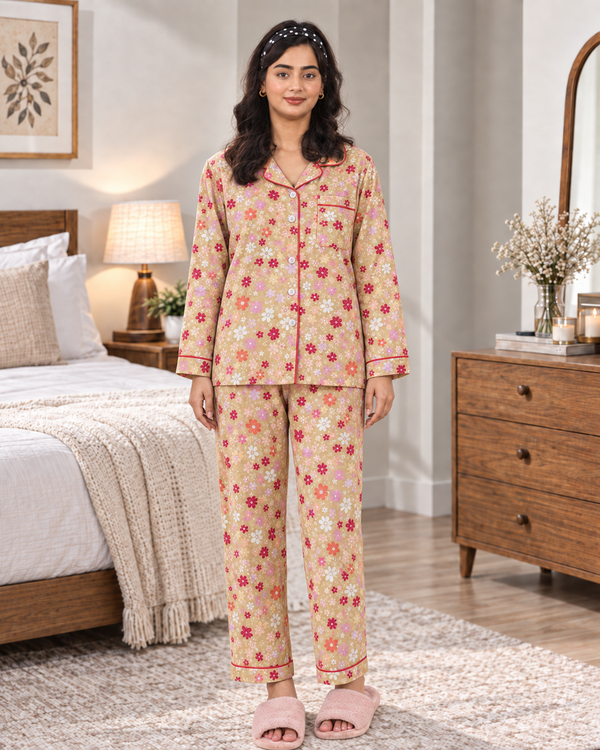 Yellow Floral Pajama Shirt – Retro Bloom Print & Contrast Piping