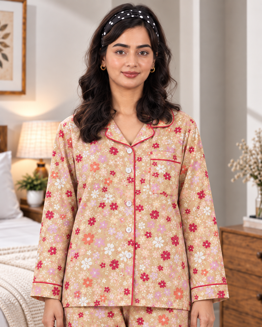 Yellow Floral Pajama Shirt – Retro Bloom Print & Contrast Piping