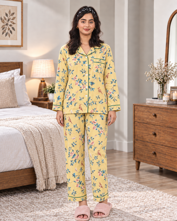 Yellow Floral Pajama Set – Bird & Bloom Print with Contrast Piping