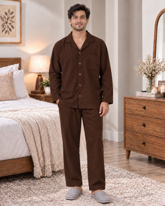 Men's Summer Linen Pajama Shirt – Long Sleeve & Notch Collar