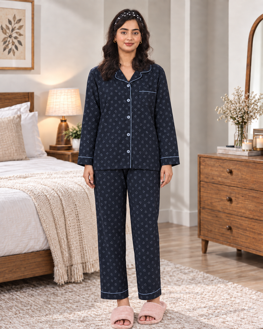 Blue Mini Floral Pajama Shirt – Ditsy Floral Print & Contrast Piping