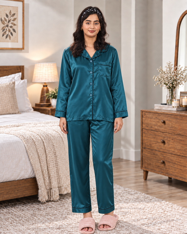 Sea Green Solid Silk Pajama Set – Contrast Piping & Button Front