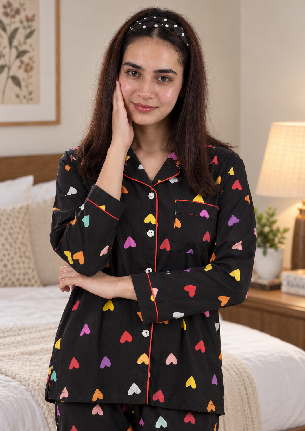 Black Heart Print Pajama Shirt – Multicolor Hearts & Contrast Piping