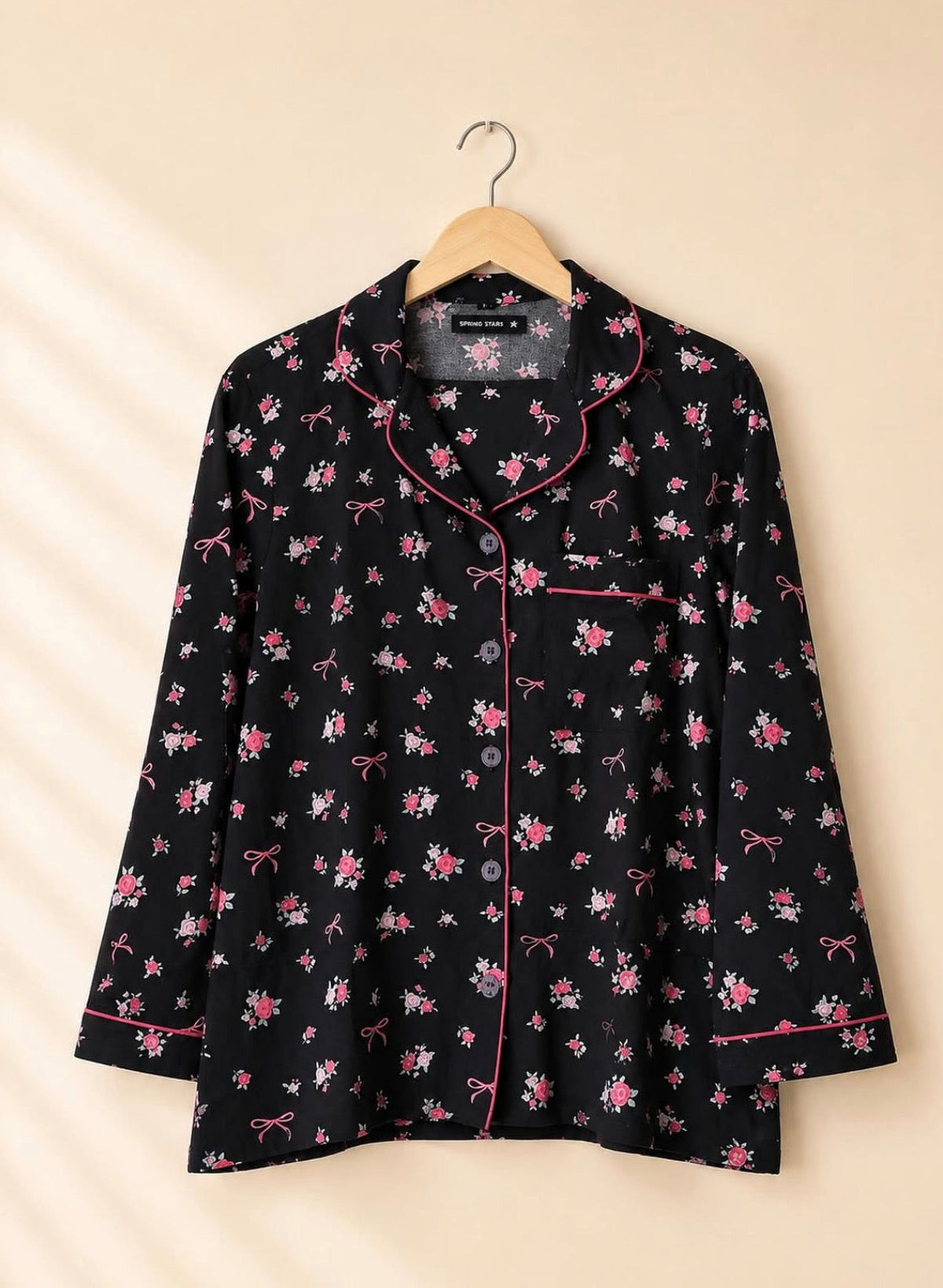 Black Floral Bow Printed Pajama Set for Women