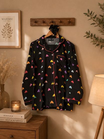Black Heart Print Pajama Shirt – Multicolor Hearts & Contrast Piping