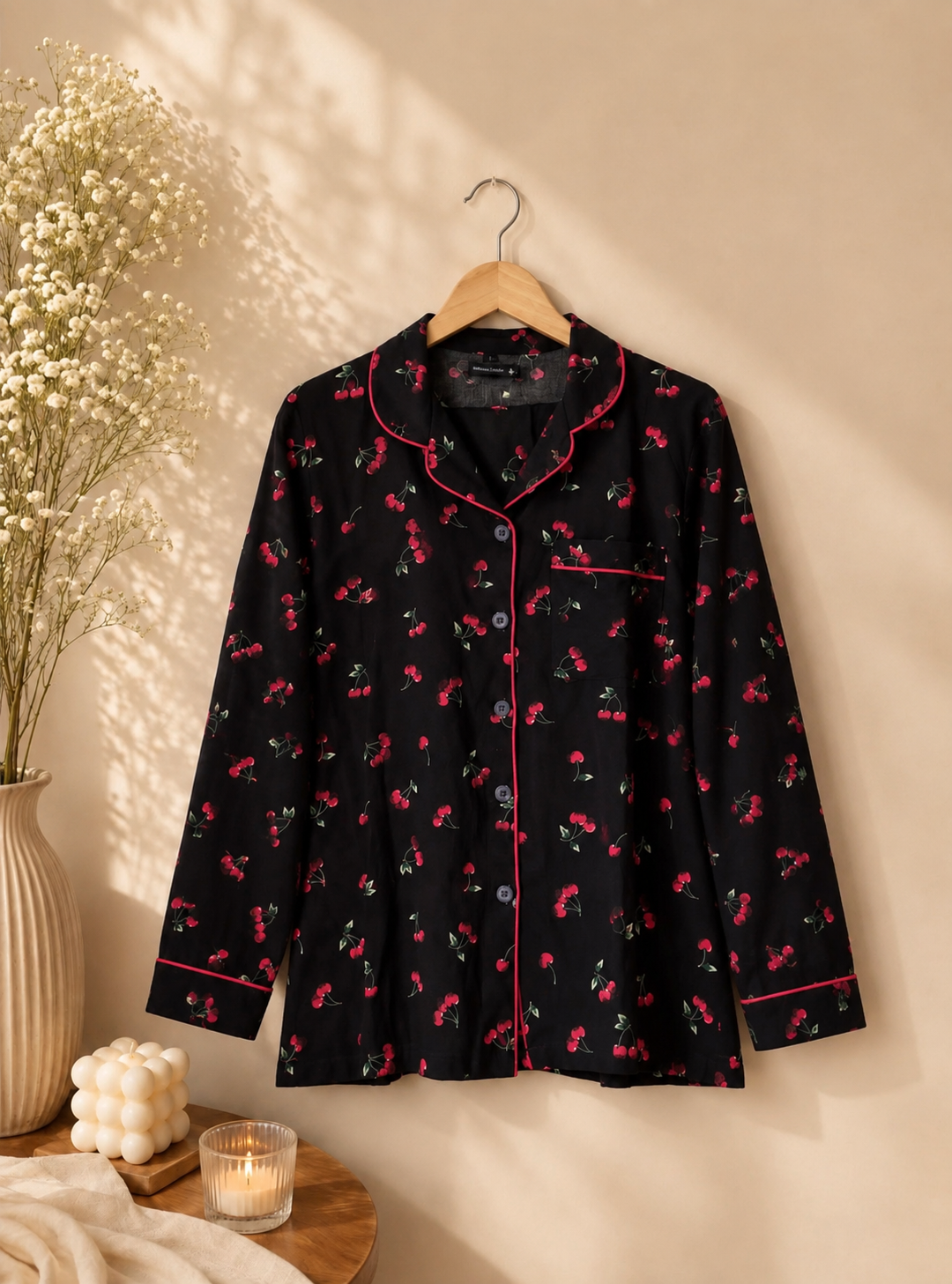 Black Cherry Print Pajama Set for Women