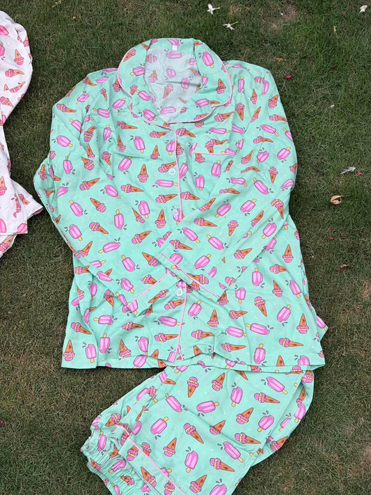 Green Popsicle Pajama Set – Ice Cream Print & Contrast Piping