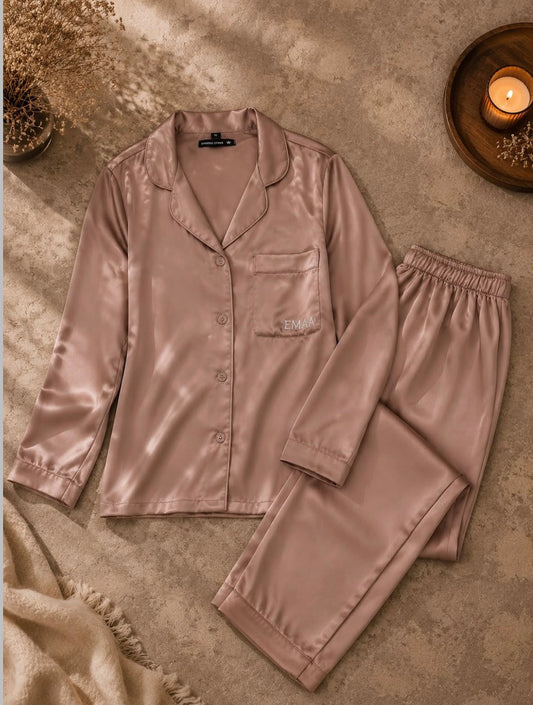 Champagne Silk Pajama Set – Classic Collar & Elastic Waist