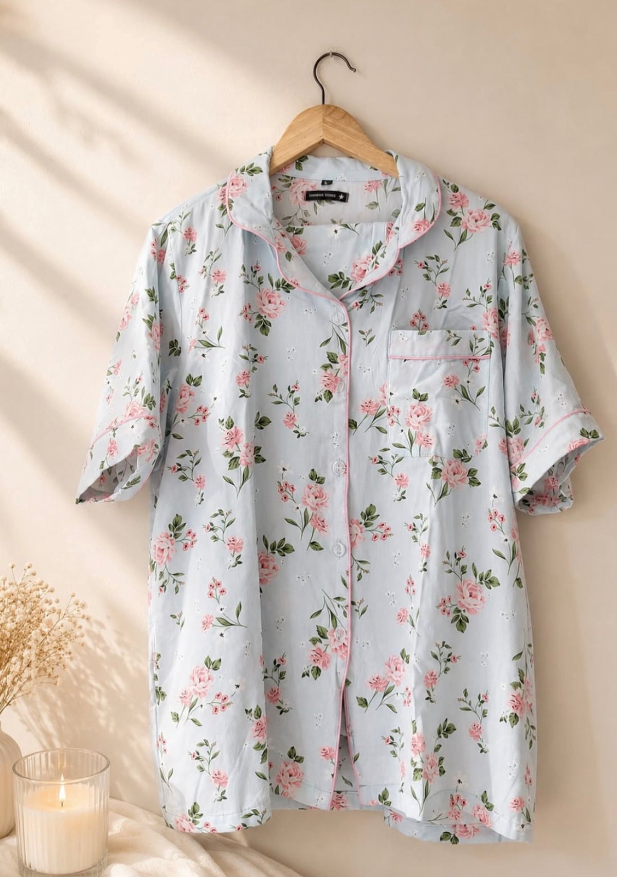 Sky Blue Floral Pajama Shirt – Rose Print & Short Sleeves
