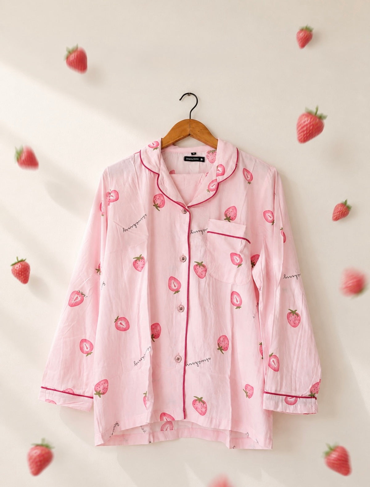 Pink Strawberry Pajama Shirt – Strawberry Print & Contrast Piping
