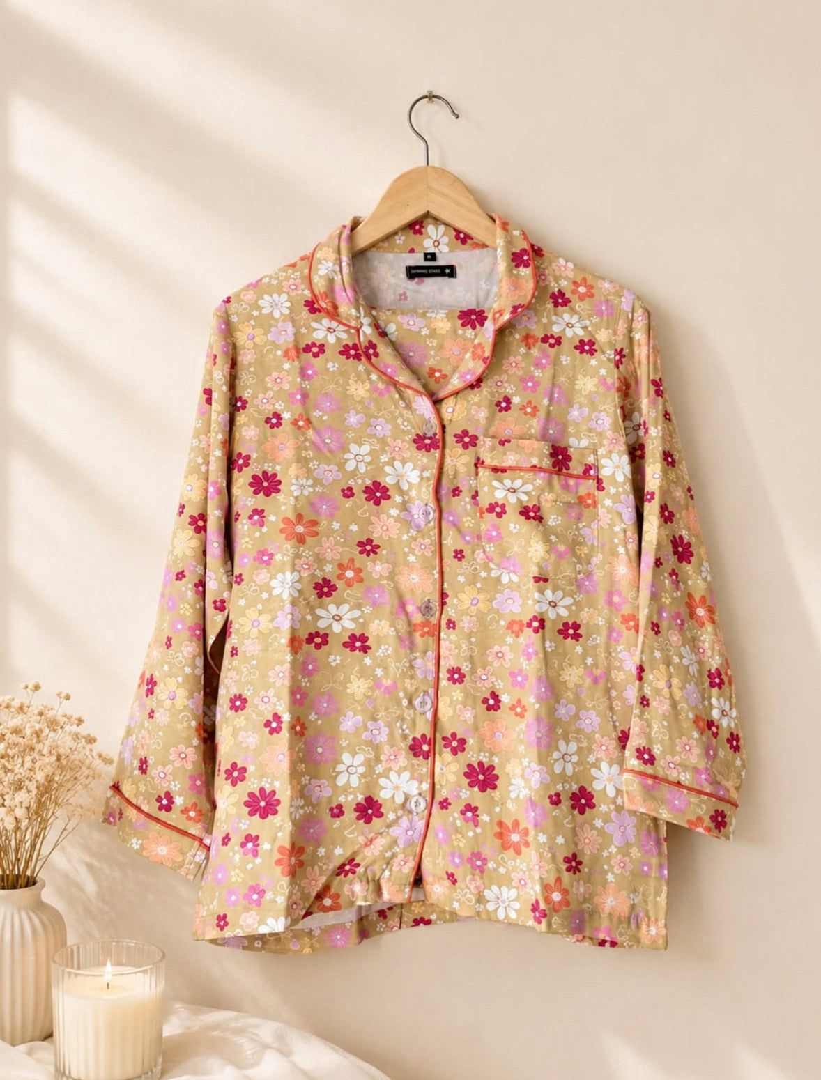 Yellow Floral Pajama Shirt – Retro Bloom Print & Contrast Piping