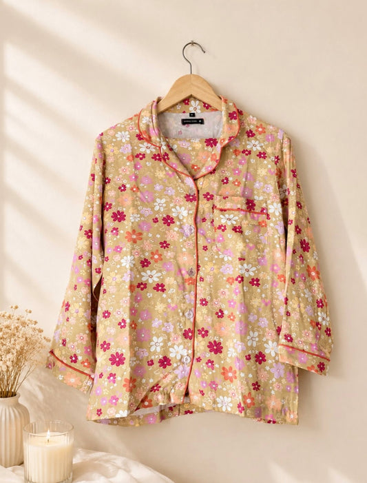Yellow Floral Pajama Shirt – Retro Bloom Print & Contrast Piping