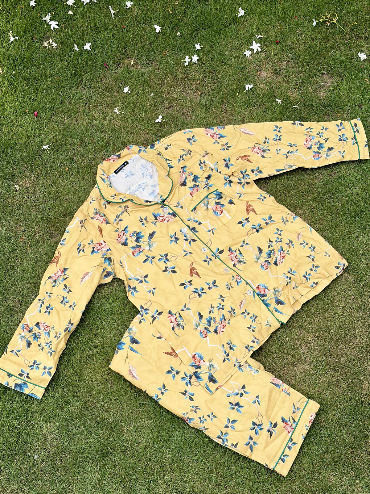 Yellow Floral Pajama Set – Bird & Bloom Print with Contrast Piping