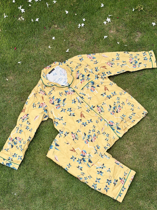 Yellow Floral Pajama Set – Bird & Bloom Print with Contrast Piping