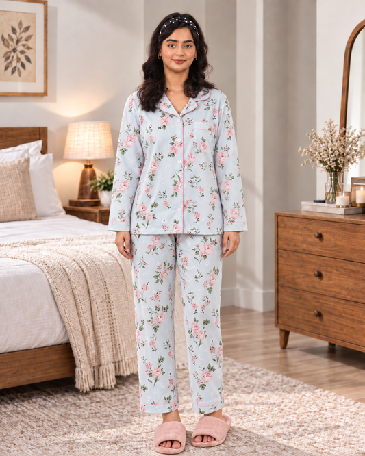 Sky Blue Floral Pajama Shirt – Rose Print & Short Sleeves